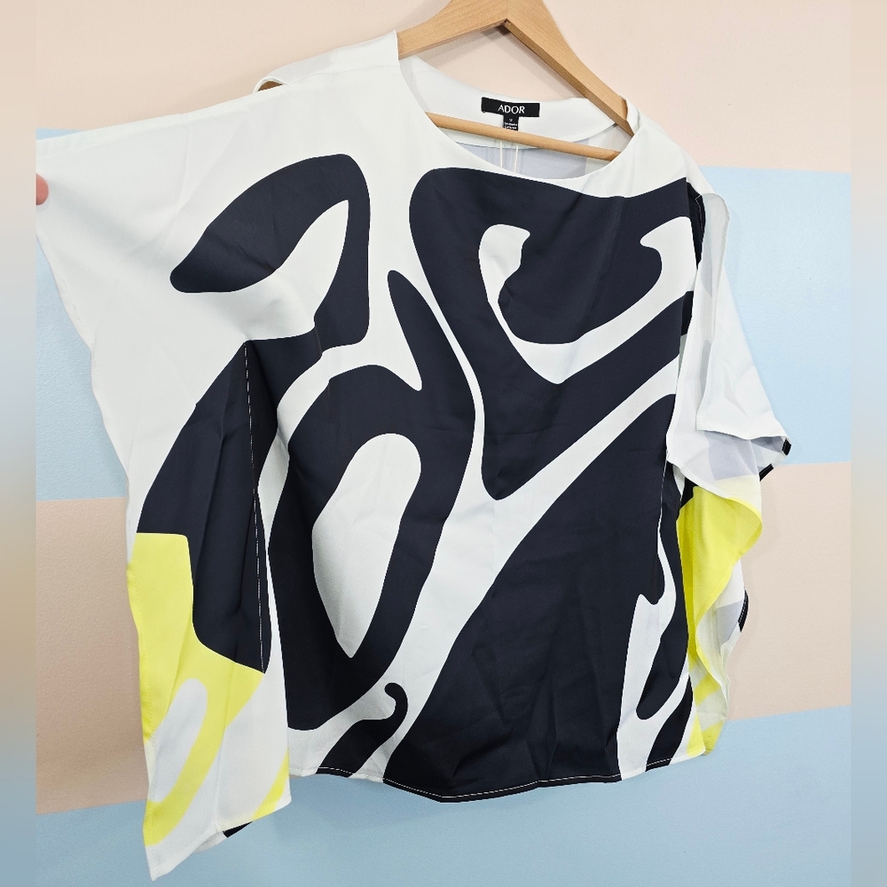 Ador Satin Silk Shirt Magyar Sleeve Flowy Graphic Blouse - Picture 6 of 10